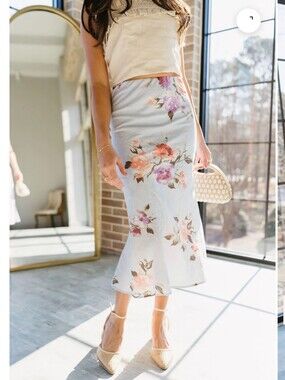 New Gilli Light Blue Floral Midi Skirt Linen Lined Women's Size Large